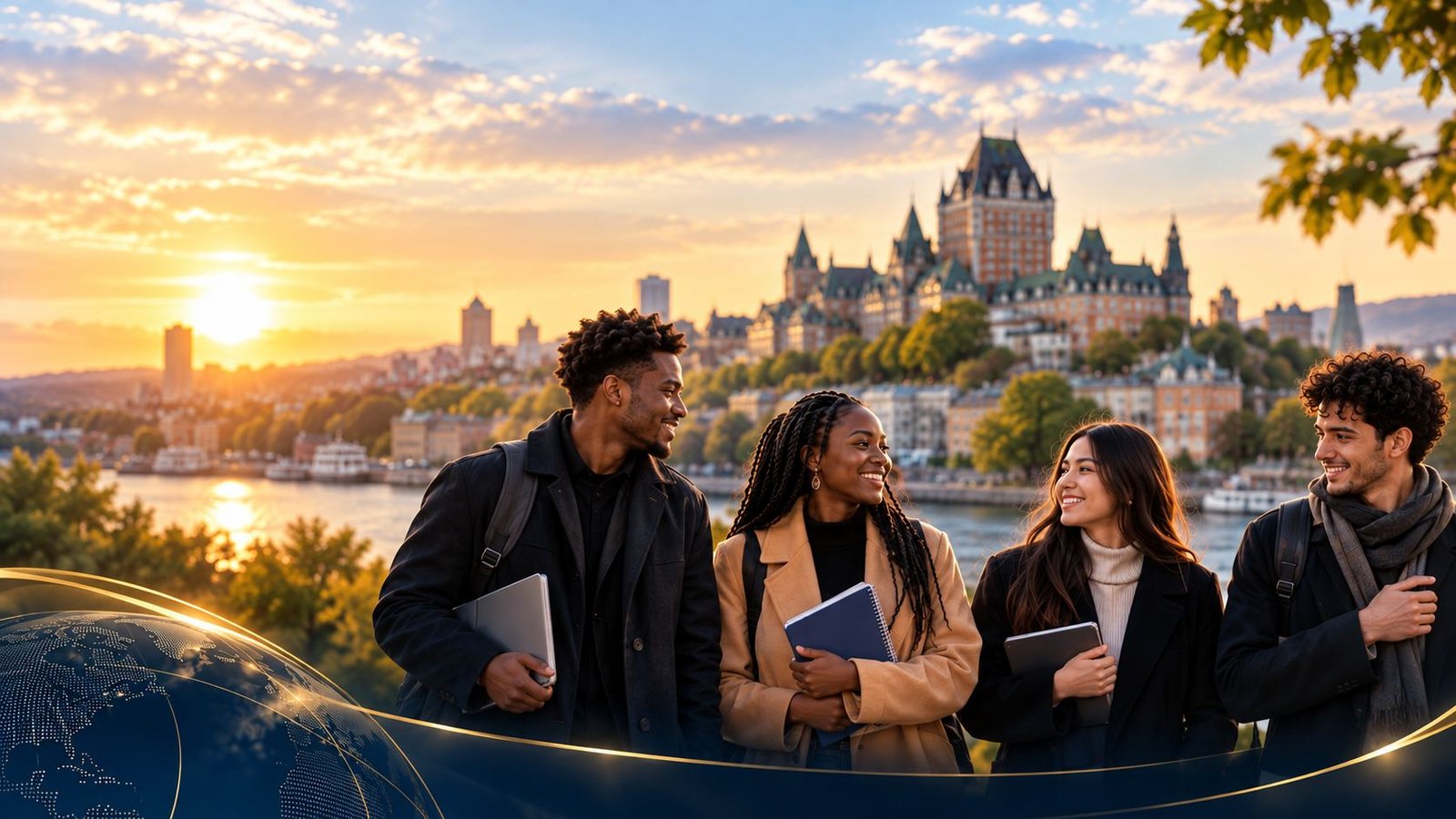 Quatre jeunes souriants devant le Château Frontenac, à Québec